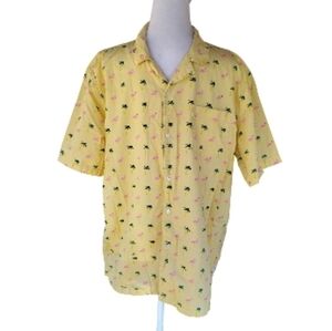 Public Art Yellow Flamingo Palm Tree Print Button Front Camp Shirt Cotton Sz XL